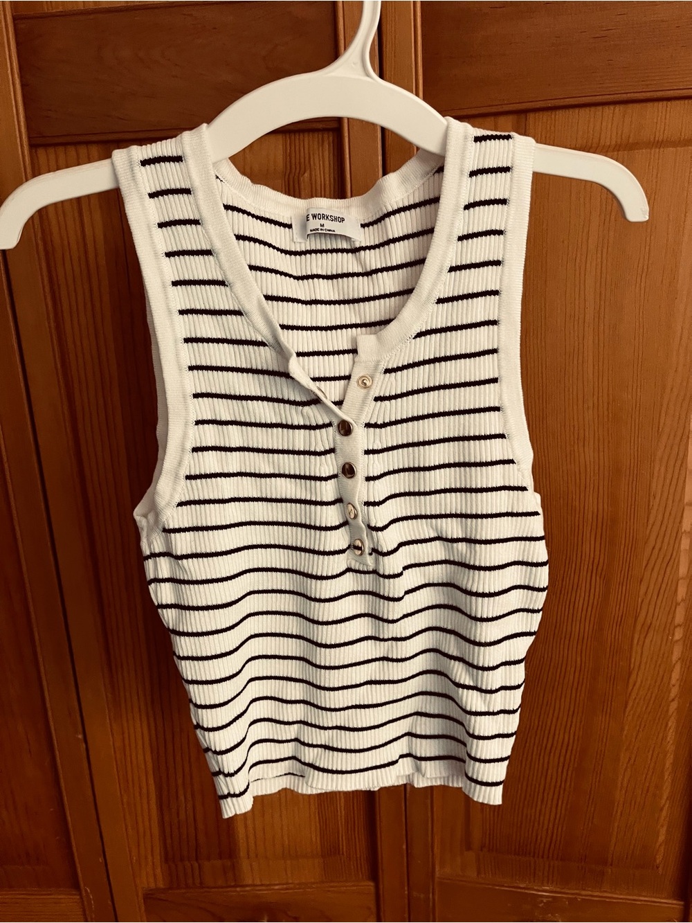 White & Black Striped Ribbed Henley Tank Top